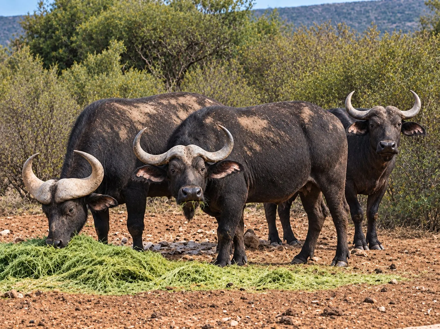 Three Cape buffalo feed on cut lucerne beside the bush.