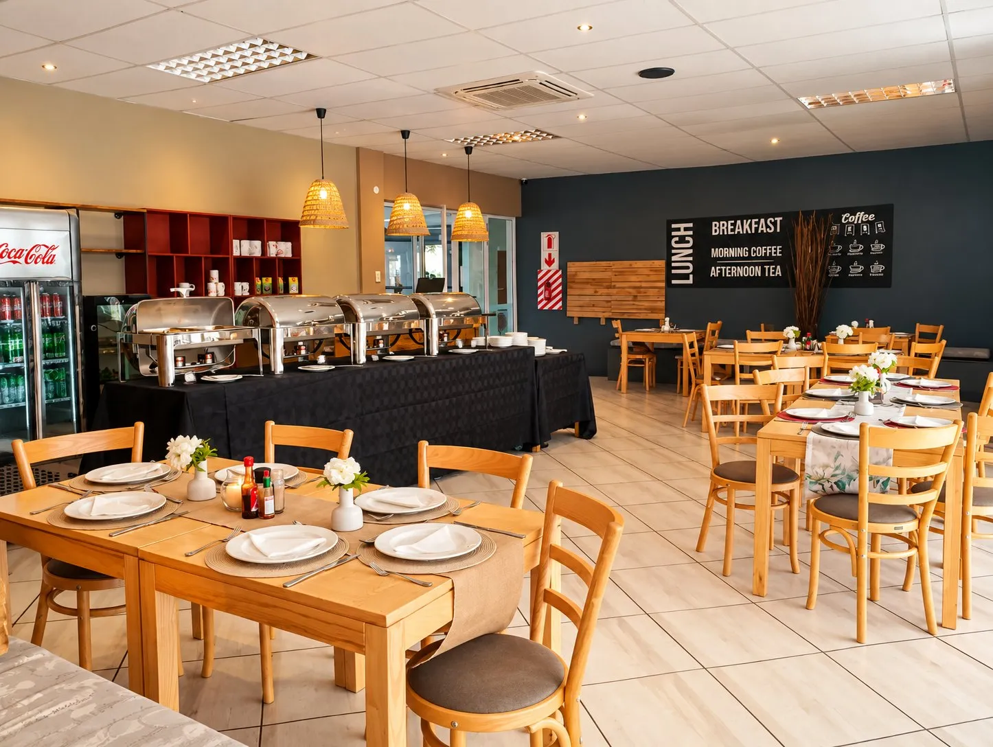 The restaurant with wooden tables under woven pendant lights and a buffet along one wall.