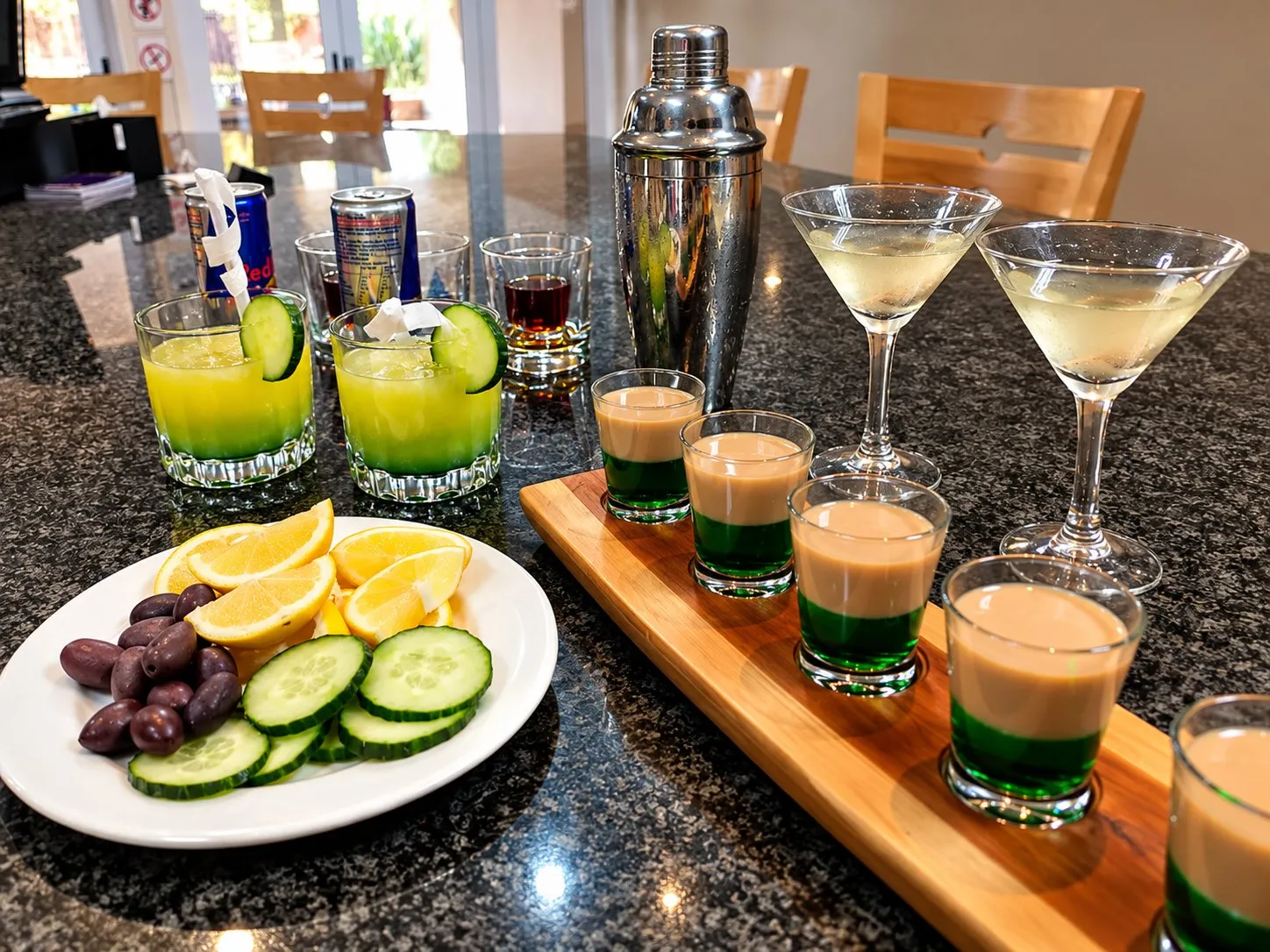 Cocktails, layered shots, lemon and cucumber slices and a shaker on the bar counter.